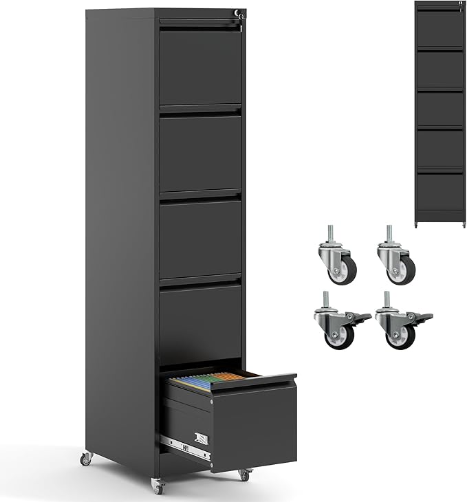 5 Drawer Locking File Cabinet with Wheels,Metal Mobile Filing Cabinets,Black Rolling File Cabinet for Home Office,Heavy Duty Storage Cabinet for A4/Letter/Legal Size File,Assembly Required