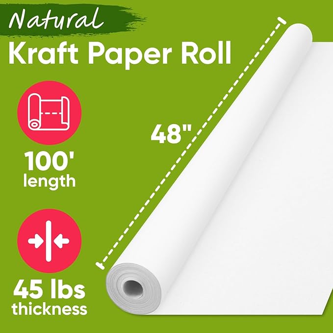 USA Made 48" x 1200" White Kraft Paper Roll, 45 lbs Thickness, American Quality Colored Kraft Paper for School, Bulletin Board - Odorless, Non-Toxic, Safe for Kids