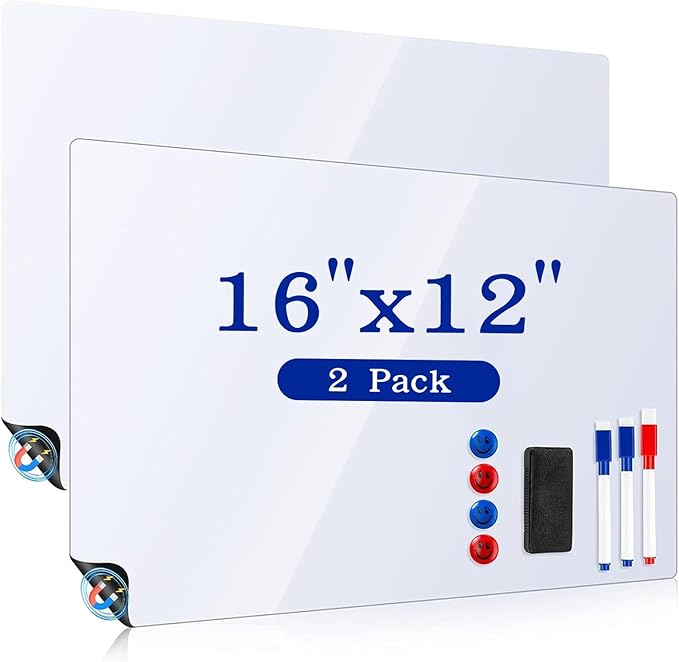 Magnetic Whiteboard for Fridge, 2 Pack 12x16 Inch Dry Erase Board for Refrigerator, Kitchen Organizer & Planner with 3 Markers, Eraser & 4 Magnets