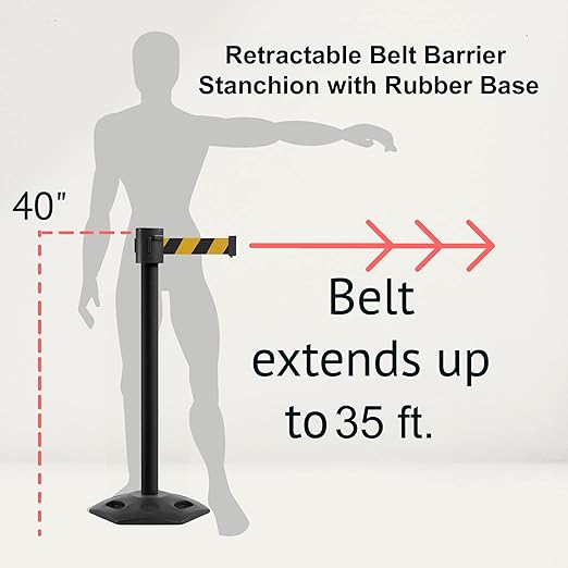 Montour Line MSR760 Set of 2 Retractable Belt Barrier Stanchion, Rubber Base, Black Powder Coated Post (35 ft Black with Horizontal Red Stripe Belt)