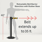Montour Line MSR760 Set of 2 Retractable Belt Barrier Stanchion, Rubber Base, Black Powder Coated Post (35 ft Black with"This LINE Closed" White Letters Belt)