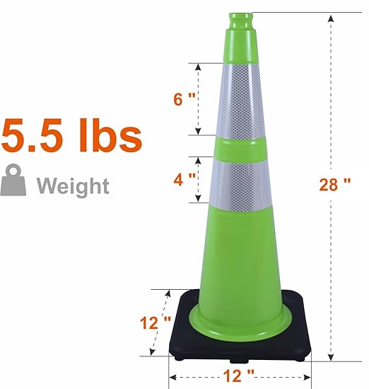 28 inch Traffic Safety Cones Road Cones, Construction Cone with Rubber Base & Reflective Collars, Restorable Parking Cones, Heavy Duty Road Cones for Traffic Control & Road Safty(Green-8 Pack）