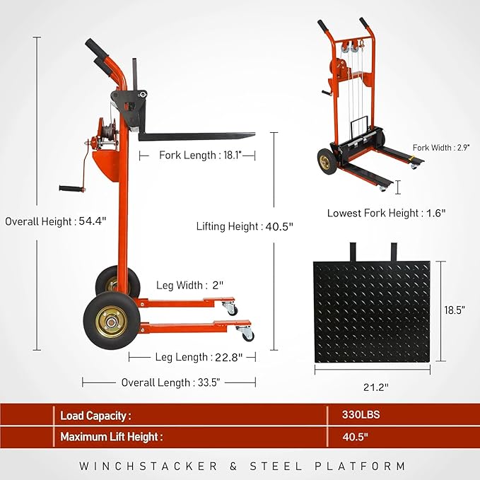 Material Lift Winch Stacker, 330 lbs Capacity Table Cart, 40.5" Lifting Height Manual Forklift Stacker, Pallet Jack Truck Dolly with Swivel Casters and Lift Plate (Orange)
