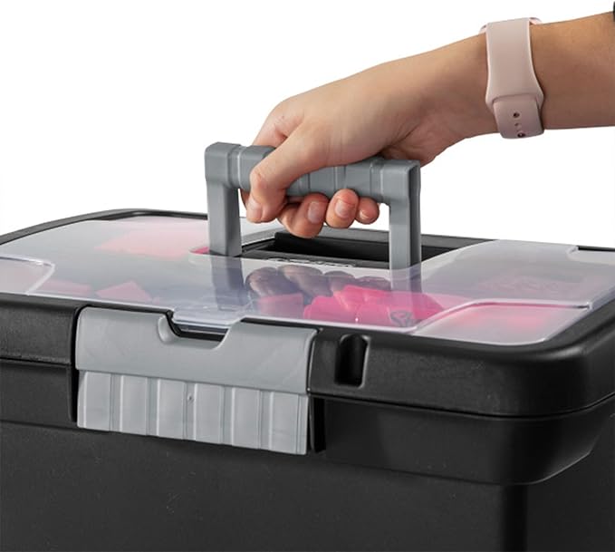 Sterilite Portable File Box, Stackable Storage Bin with Latching Lid and Handle, Plastic Container to Organize Papers in Home, Office, Black, 4-Pack