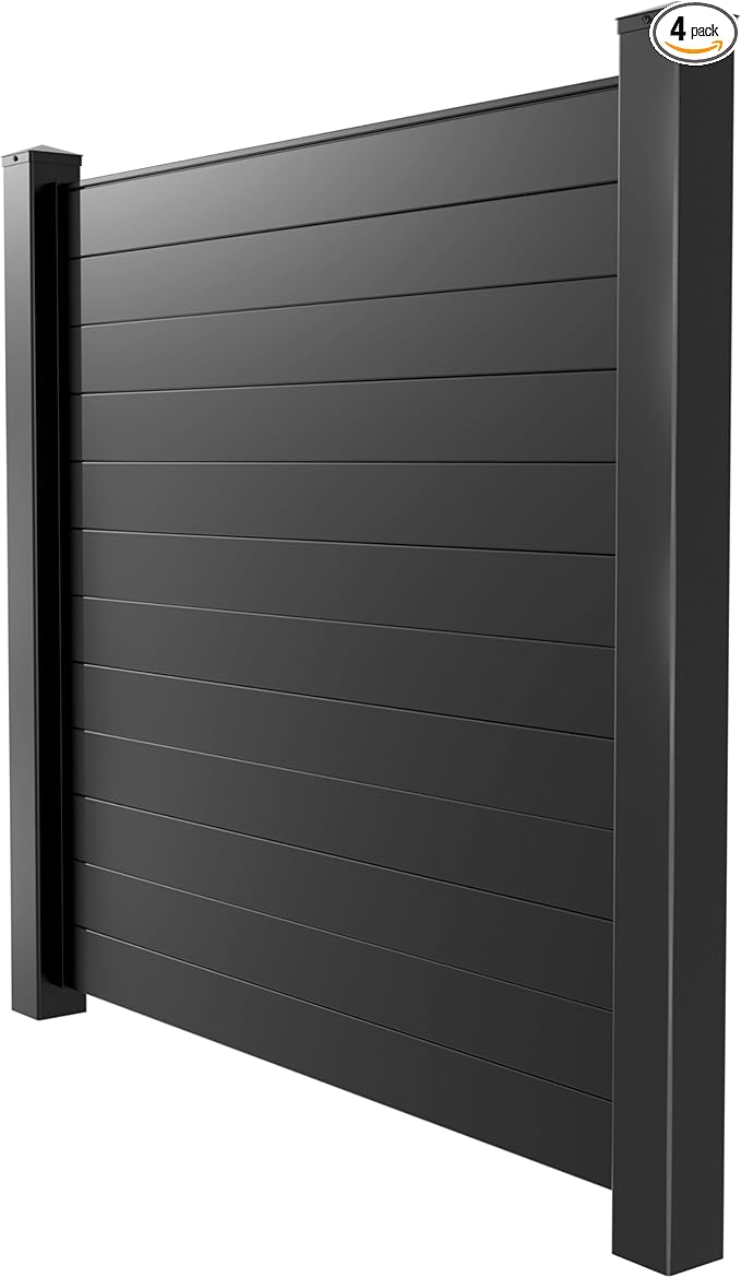80" W x 69" H Black Aluminum Privacy Fence Kit – (1) Pre-Assembled Panel with (2) 4x4x9' Dig & Set Posts, Caps & 100 Black Screws – Modern Low-Maintenance Fence System