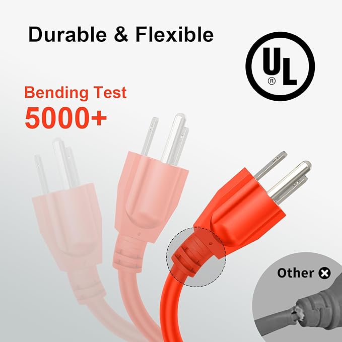 Outdoor Extension Cord Waterproof 50 FT, Orange 14/3 SJTW Heavy Duty, Flexible 100% Copper 3 Prong Extension Cord for Lawn, Garage,UL Listed