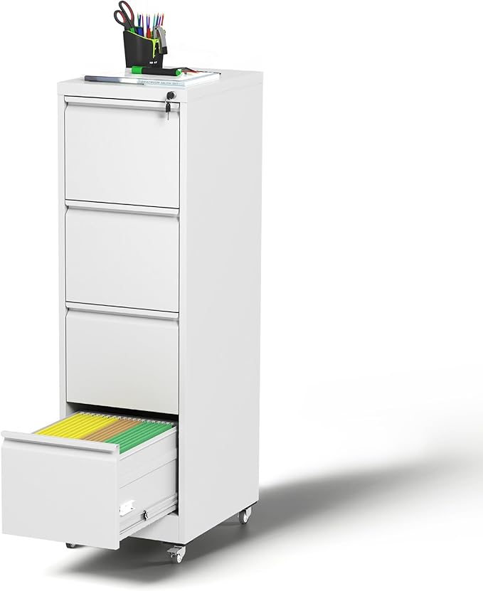 4 Drawer Mobile File Cabinet, Under Desk File Cabinet,Metal Filing Cabinets with Lock for Home Office Organizer Letter/Legal/A4,Require Assembly (White)