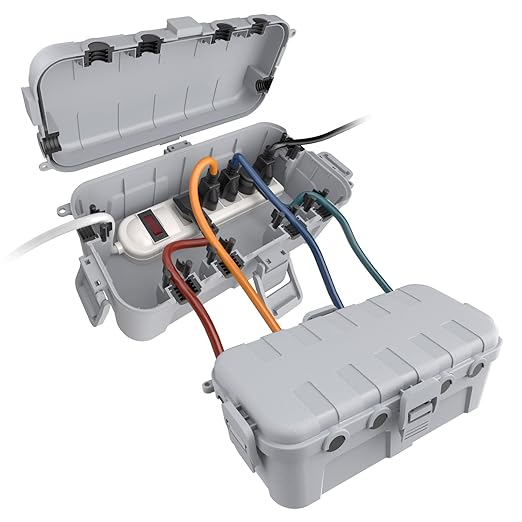 Flemoon [2 Pack] Outdoor Electrical Box Waterproof, Medium Weatherproof Electrical Box (11.5x5.2x4 inch) w/6 Cable Entry Ports, Extension Cord Cover for Power Strip, Plug, Holiday Light, Light Grey