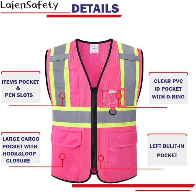 Safety Vest for Men Women Reflective with Multiple Pockets Mesh High Visibility Construction Work Vest,Meets ANSI/ISEA Standards(EK1-178-Pink-L)