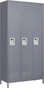 72" Tall Employee Locker with Shelves and Hooks 3 Doors Steel Sports Locker for Office Home Bedroom School Gym Garage, Metal Staff Locker Locking Storage Cabinet,Grey
