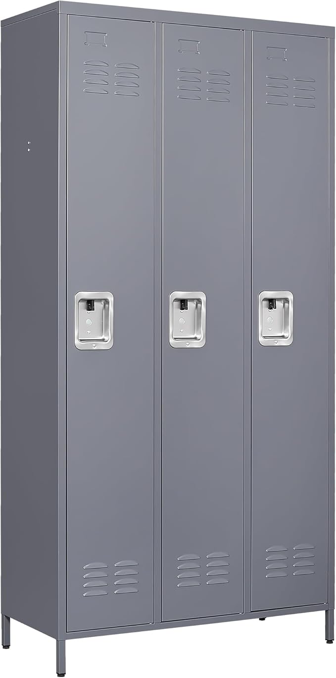 72" Tall Employee Locker with Shelves and Hooks 3 Doors Steel Sports Locker for Office Home Bedroom School Gym Garage, Metal Staff Locker Locking Storage Cabinet,Grey