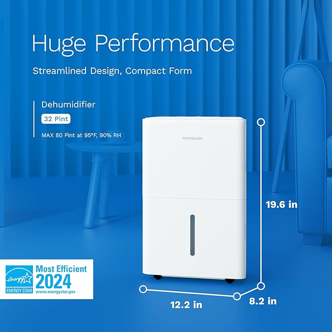 hOmeLabs Dehumidifier - Advanced Humidity & Moisture Control, Quiet, Efficient, Auto Shut-off, Ideal for Home, Basement, Office - 4,500 Sq Ft Wi-Fi (32 Pint MAX 80 Pint at 95°F, 90% RH)