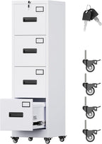 Aobabo 4 Drawer File Cabinet with Wheels, Lockable Metal Filing Cabinet with Name Card for Office and Home,Required Assembly,White
