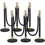 6PCS Black Gold Stanchions, Stanchions and Velvet Ropes 4PCS, Crowd Control Barriers, Black Poles for Red Carpet Suitable for Theaters, Party, Exhibition Center, Ticket Office