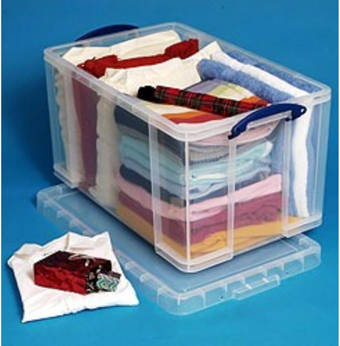 Really Useful Box 84 Liter Plastic Stackable Storage Container with Snap Lid & Built-In Clip Lock Handles for Home or Office Organization, Clear