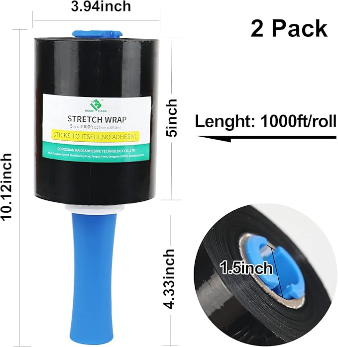 BOMEI PACK Mini Black Industrial Stretch Wrap Film 2 Pack 5" x 1000ft Roll with Handle, 80 Gauge Plastic Wrap for Moving, Pallet Wrap - Self Adhering Packaging Heavy Duty Shrink Film