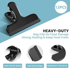 HOUSE AGAIN 12 Pack Stainless Steel Chip Bag Clips Covered with Silicone - NO More Sharp Edges - Color Coded for Food Bags - Air Tight Seal, Heavy Duty for Kitchen and Office, 3 Inches Wide, Black