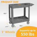 Utility Cart on Wheels, 2 Shelf Heavy Duty Plastic Rolling Cart, 550LBS Capacity Service Carts for Warehouse, Garage, School, Kitchens, Office(Gray, 40.6)