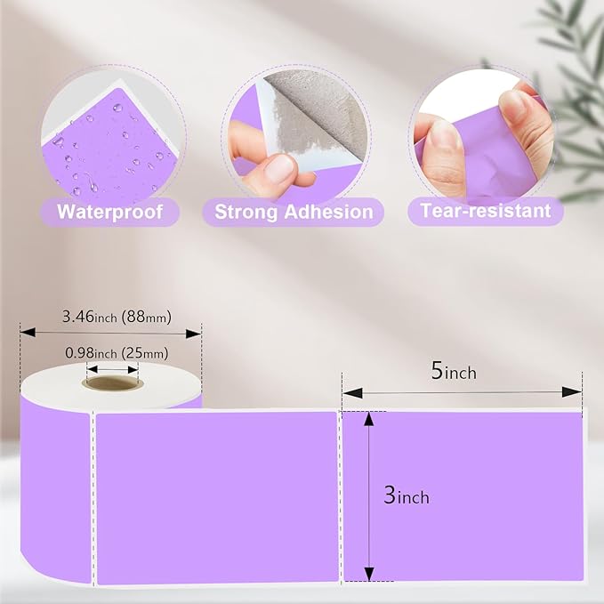 3 X 5 Inch Printable Waterproof Rectangle Color Coding Labels, 300 Per Roll Adhesive Color Coding Stickers for Bar-Codes, Address, Small Business Labeling, Inventory (Light Purple)