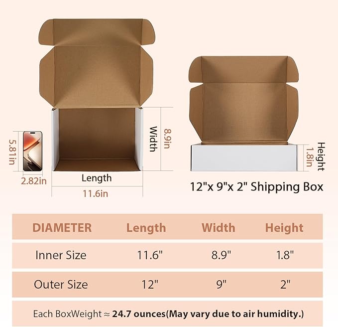 12x9x2 inches Shipping Boxes Set of 25, Small Corrugated Cardboard Box, Literature Mailer, Gift Boxes (White, 12x9x2)