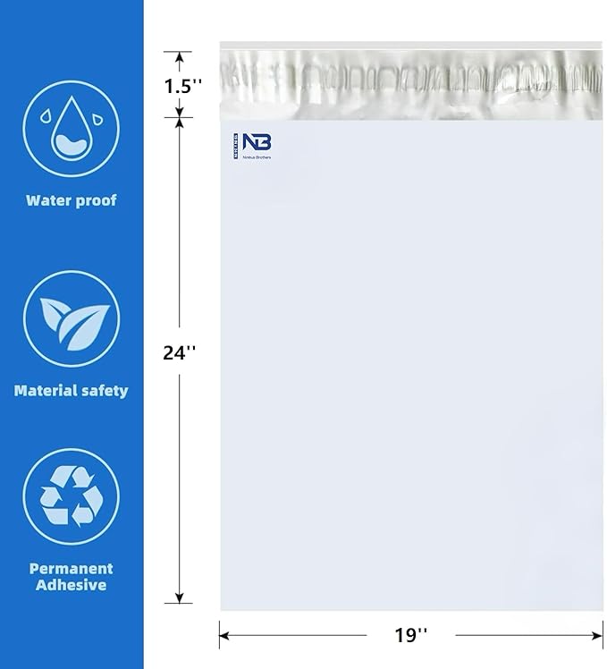 NB 19x24 Inch – 200 Pcs White Poly Mailers Strong Adhesive Self-Seal Shipping Envelopes, Tear & Water Resistant Packaging for E-Commerce and Small Business