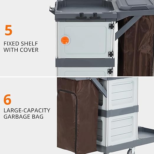 Commercial Janitorial Cart with 2 Cabinet, Traditional Janitorial 3-Shelf Cleaning Cart On Wheels, Plastic Housekeeping Cart with 30 Gallon Bag, 200 Lbs Load Capacity