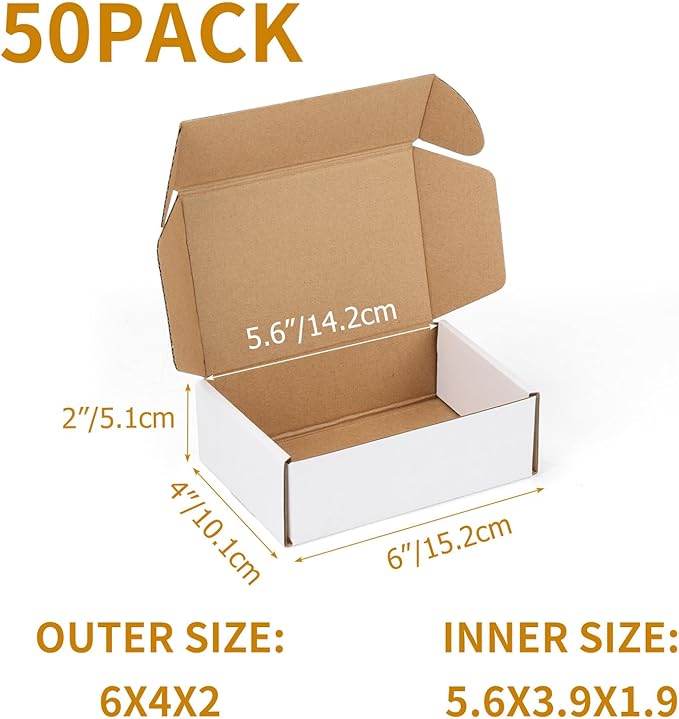 PHAREGE 6x4x2 Inch Shipping Boxes 50 Pack White, Tab Lock Tuck Top Mailer Boxes for Packaging Small Business, Cardboard Gift Boxes for Wrapping Mailing Present