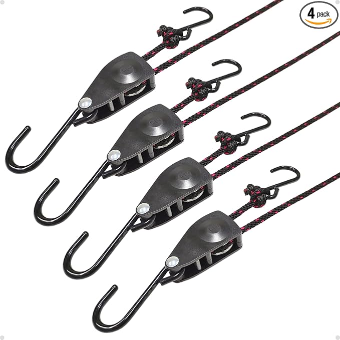1/4" Tie Down Ratchet Straps: 4 Pack of Heavy Duty Kayak Storage Hangers - Ratcheting Cargo Straps for Various Hanging and Strapping