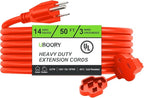 Outdoor Extension Cord Waterproof 50 FT, Orange 14/3 SJTW Heavy Duty, Flexible 100% Copper 3 Prong Extension Cord for Lawn, Garage,UL Listed