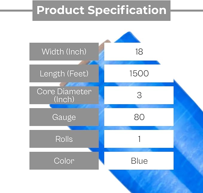 PSBM Blue Cast Stretch Wrap, 1 Pack, 18 Inch x 1500 Feet, 80 Gauge, Plastic Cling Dark Color Hand Stretch Film Rolls for Packaging Moving Packing Pallets