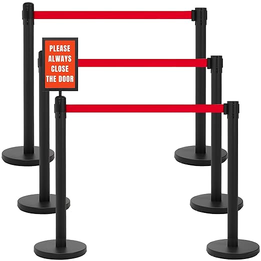 INMOZATA 6 Pack Retractable Belt Stanchions, Black Crowd Control Posts with 6.6FT Belts, Sign Holders, Heavy-Duty Steel Base – Ideal for Events, Auto Shows, Public Venues, Exhibitions