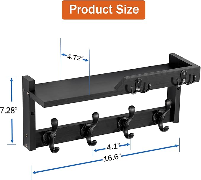 Coat Rack Wall Mount with Shelf, Coat Hanger Wall Mount with Key Hooks and Mail Holder, Wood Entryway Floating Shelf with Hooks and Storage, Hat Rack for Wall Key Holder Mail Organizer