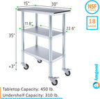 AmGood Stainless Steel Work Table with 2 Shelves and Casters | Metal Utility Table On Wheels (Stainless Steel Work Table with 2 Shelves + Casters, 15" Long x 30" Deep)