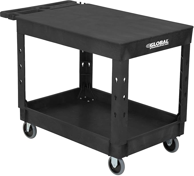 Global Industrial Industrial Service & Utility Cart, Plastic 2 Flat Black Shelf, 44” x 25-1/2”, 5" Rubber Casters