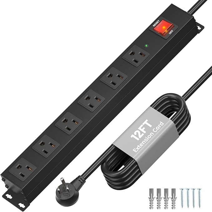 KF 6 Outlet Metal Wall Mount Power Strip, 2100J Surge Protection Heavy Duty Power Strip, 15A/1875W Mountable Power Strips with Upgraded Switch, 14AWG 12FT Power Cord