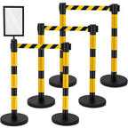 Therwen 6 Pack Heavy Duty Crowd Control Stanchions 9.8 ft Stainless Steel Stanchion Set with 6 Safety Barrier Post Retractable Belt and 1 Sign Holder Crowd Control Barrier(Stripe Belt,Yellow Black)