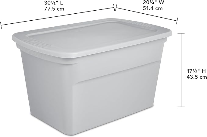 Sterilite 30 Gal Storage Tote, Stackable Bin with Lid, Plastic Container to Organize Clothes, Blankets in Closet, Basement, Gray Base and Lid, 6-Pack