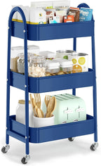 EAGMAK 3 Tier Utility Rolling Cart, Metal Storage Cart with Handle and Lockable Wheels, Multifunctional Storage Organizer Trolley with Mesh Baskets for Kitchen, Living Room, Office, Garage (Indigo)