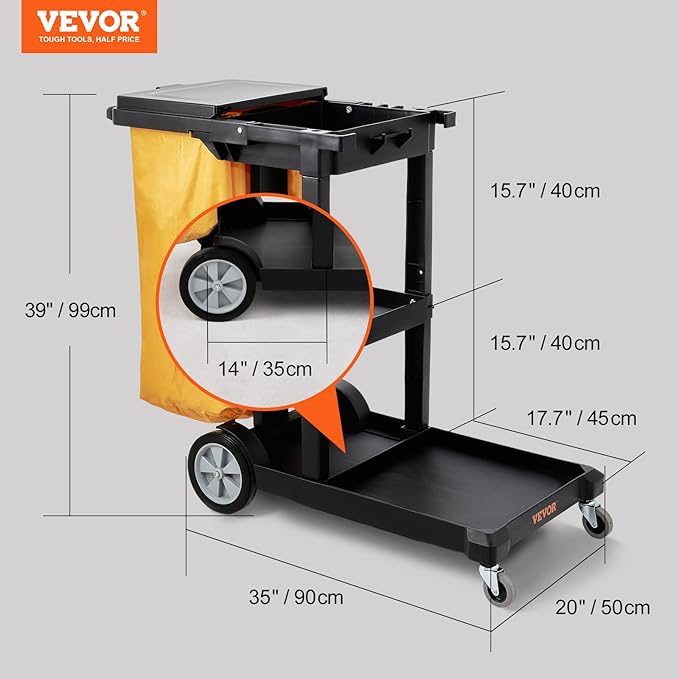 VEVOR Cleaning Cart, 3-Shelf Commercial Janitorial Cart, 200 lbs Capacity Plastic Housekeeping Cart, with 25 Gallon PVC Bag and Cover, 47 x 20 x 38.6in, Yellow&Black