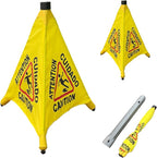 Wet Floor Signs - 2PCS Pop UP Bilingual Yellow Cones Wet Floor Sign with Wall Mounted Storage Tube Foldable, Slip Carefully Safety Cone Signs For Commercial & Office
