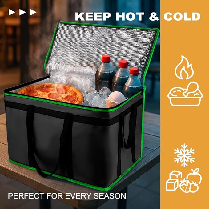 XXXL Insulated Food Delivery Bag - Reusable Thermal Cooler Grocery Bags for Catering&Delivery, Pizza Carrier for Events, Large Capacity Bag Keeps Food Hot/Cold, Commercial (Black with Green Trim, 1PK)