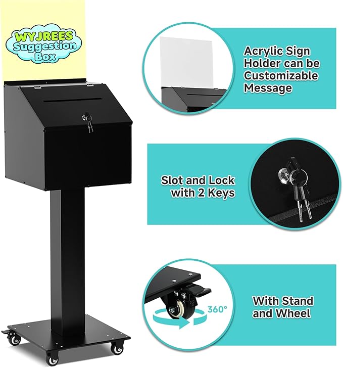 Suggestion Box with Stand, Heavy Duty Metal Floor Standing Offering Box with Lock and Key, Ballot Box with Sign Holder for Voting, Charity, Church and Event Fundraising