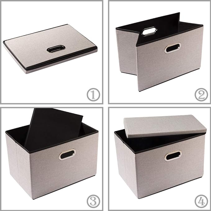 PRANDOM Foldable Storage Bin with Lid [3-Pack] Linen Fabric Decorative Storage Box Organizer Container Basket Cube with Handles Divider for Closet Office Living Room Light Grey(14.9x9.8x9.8)