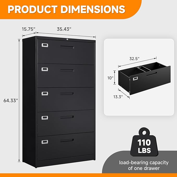 File Cabinet 5 Drawer, Lateral Filing Cabinet with Lock, Metal File Cabinets for Home Office, Office Cabinet for Hanging Files Letter/Legal/F4/A4, Assembly Required, Black