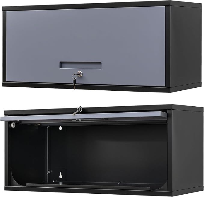 Metal Wall Storage Cabinet with Up-flip Door, Wall-Mounted Storage Cabinet for Garage, Warehouse, Home, Office, Assembly Required (Black Grey, One Cabinet), WC-0725