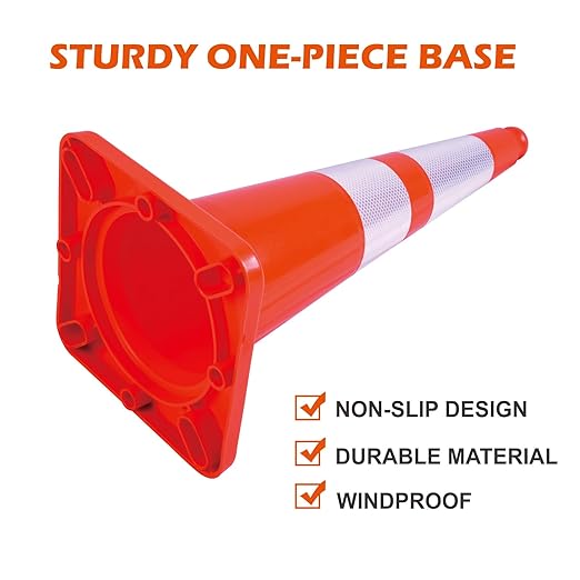 Traffic Safety Cones with Reflective Collars, Orange Construction Cone, Restorable Parking Cones, Heavy Duty Road Cones for Parking Lot, Traffic Control, Driveway Road Parking (4, 28 inch)