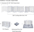 unipaws 144" Extra Wide Dog Gate and Pet Playpen, Free Standing Tall Dog Fence with Walk Through Door, Barriers for Home, Use as Indoor Dogs Cats Pen, Rabbit Pen, White
