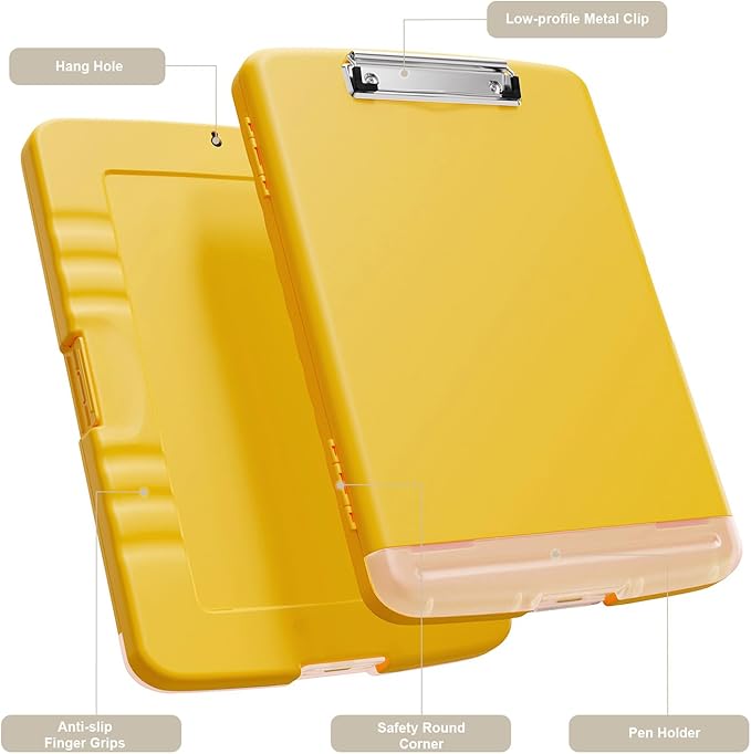 Piasoenc Clipboard with Storage, 8.5 x 11 Organization Box with Pen Holder and A4 Legal Paper Folder, Folio & Side-Opening, Low Profile Clip,for Nurses,Teachers, Size 14 x 9.6 x 1.2 in, Yellow