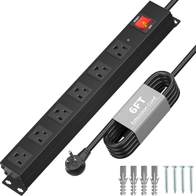 KF Matel 6 Outlet Power Strip Surge Protection 2100J,Heavy Duty Wide Space Power Strip with Flat Plug/Upgraded Switch,15A/1875W/14AWG 6FT Extension Cord in Home,Garage,Shop