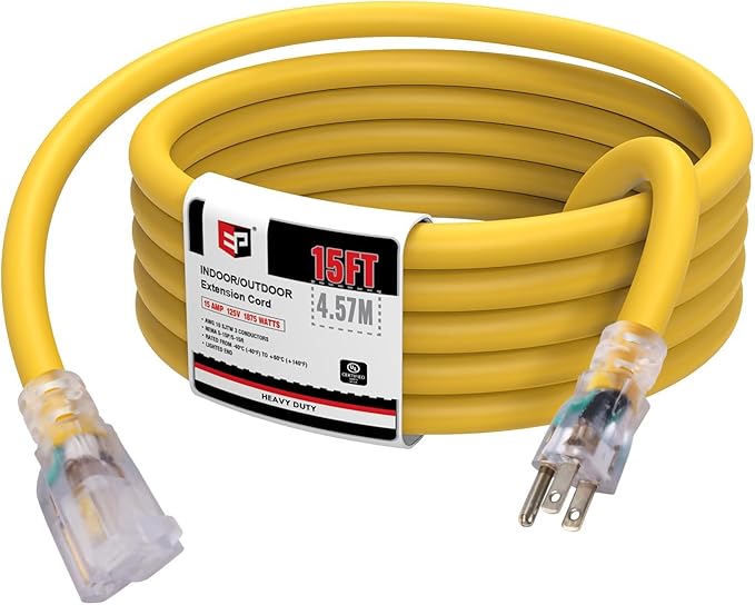 EP 15 Ft Lighted Outdoor Extension Cord - 10/3 SJTW Heavy Duty Yellow Extension Cable with 3 Prong Grounded Plug for Safety, ETL Listed